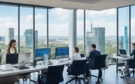 Ein sonnendurchflutetes, modernes Büro mit internationalem Team aus IT-Expertinnen und Experten, die konzentriert an Laptops arbeiten und lebhaft im Austausch sind, umgeben von großflächigen Fenstern mit Blick auf urbane Skylines der EU und USA – ein Bild voller Optimismus, technologischer Innovation und grenzüberschreitender Zusammenarbeit.
