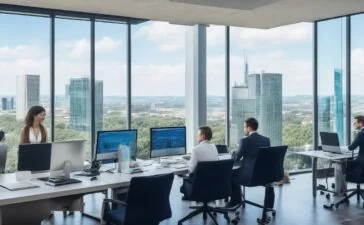 Ein sonnendurchflutetes, modernes Büro mit internationalem Team aus IT-Expertinnen und Experten, die konzentriert an Laptops arbeiten und lebhaft im Austausch sind, umgeben von großflächigen Fenstern mit Blick auf urbane Skylines der EU und USA – ein Bild voller Optimismus, technologischer Innovation und grenzüberschreitender Zusammenarbeit.