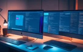 Ein hell erleuchteter moderner Arbeitsplatz mit einem Laptop, auf dessen Bildschirm nebeneinander geöffnete Code-Editoren und Webdesign-Layouts zu sehen sind, umgeben von warmem Tageslicht, inspirierenden Notizen und einer Tasse Kaffee – ein harmonisches Bild, das die Entscheidung zwischen klassischen und flexiblen CSS-Frameworks für Entwickler im Jahr 2025 lebendig widerspiegelt.