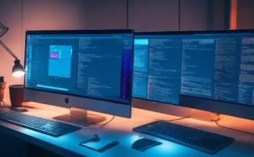 Ein hell erleuchteter moderner Arbeitsplatz mit einem Laptop, auf dessen Bildschirm nebeneinander geöffnete Code-Editoren und Webdesign-Layouts zu sehen sind, umgeben von warmem Tageslicht, inspirierenden Notizen und einer Tasse Kaffee – ein harmonisches Bild, das die Entscheidung zwischen klassischen und flexiblen CSS-Frameworks für Entwickler im Jahr 2025 lebendig widerspiegelt.