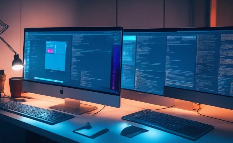 Ein hell erleuchteter moderner Arbeitsplatz mit einem Laptop, auf dessen Bildschirm nebeneinander geöffnete Code-Editoren und Webdesign-Layouts zu sehen sind, umgeben von warmem Tageslicht, inspirierenden Notizen und einer Tasse Kaffee – ein harmonisches Bild, das die Entscheidung zwischen klassischen und flexiblen CSS-Frameworks für Entwickler im Jahr 2025 lebendig widerspiegelt.