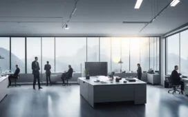 In einem modernen, lichtdurchfluteten Büro mit warmen Holzakzenten beraten sich engagierte Fachleute vor Bildschirmen mit komplexen digitalen Diagrammen, während Sonnenlicht durch große Fenster fällt und eine Atmosphäre von Vertrauen, Kompetenz und koordinierter Sicherheit schafft.