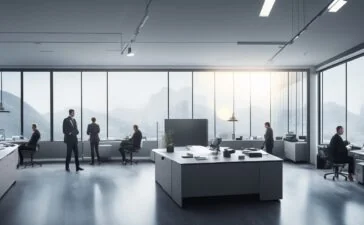 In einem modernen, lichtdurchfluteten Büro mit warmen Holzakzenten beraten sich engagierte Fachleute vor Bildschirmen mit komplexen digitalen Diagrammen, während Sonnenlicht durch große Fenster fällt und eine Atmosphäre von Vertrauen, Kompetenz und koordinierter Sicherheit schafft.