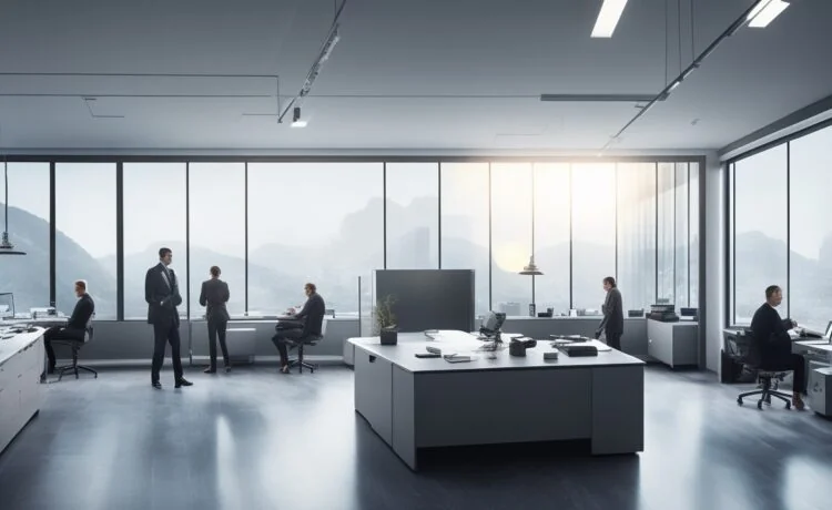 In einem modernen, lichtdurchfluteten Büro mit warmen Holzakzenten beraten sich engagierte Fachleute vor Bildschirmen mit komplexen digitalen Diagrammen, während Sonnenlicht durch große Fenster fällt und eine Atmosphäre von Vertrauen, Kompetenz und koordinierter Sicherheit schafft.