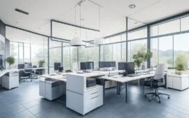 Ein sonnendurchflutetes, modernes Büro mit einem entspannten Entwickler, der lächelnd vor einem großen Bildschirm sitzt, auf dem komplexe Programmieroberflächen schemenhaft zu erkennen sind, während natürliche Holzmöbel und warme Pflanzen eine Atmosphäre von Innovation, Zugänglichkeit und positiver Energie schaffen.