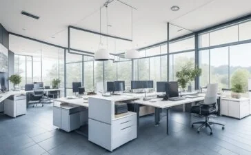 Ein sonnendurchflutetes, modernes Büro mit einem entspannten Entwickler, der lächelnd vor einem großen Bildschirm sitzt, auf dem komplexe Programmieroberflächen schemenhaft zu erkennen sind, während natürliche Holzmöbel und warme Pflanzen eine Atmosphäre von Innovation, Zugänglichkeit und positiver Energie schaffen.