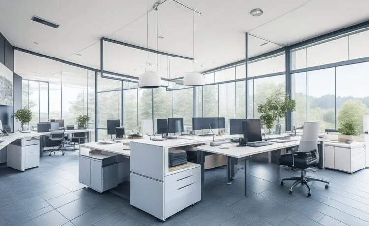 Ein sonnendurchflutetes, modernes Büro mit einem entspannten Entwickler, der lächelnd vor einem großen Bildschirm sitzt, auf dem komplexe Programmieroberflächen schemenhaft zu erkennen sind, während natürliche Holzmöbel und warme Pflanzen eine Atmosphäre von Innovation, Zugänglichkeit und positiver Energie schaffen.