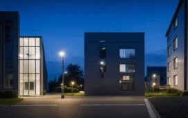 In einem lichtdurchfluteten modernen Bürogebäude stehen zwei Geschäftsleute in entspannter, dynamischer Gesprächssituation vor großen Fenstern mit Blick auf eine lebendige Stadtlandschaft, ihre Mienen strahlen Zuversicht und positive Energie aus, während die Szene durch warme, natürliche Sonnenstrahlen eine einladende und fortschrittliche Atmosphäre schafft.