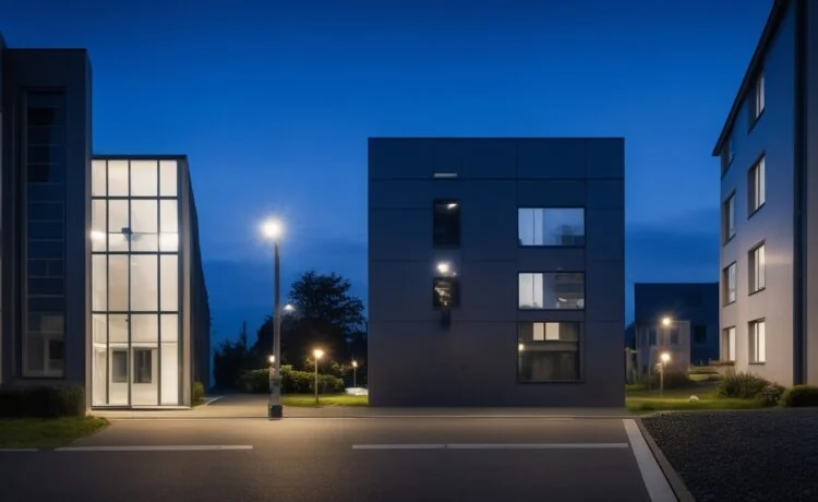 In einem lichtdurchfluteten modernen Bürogebäude stehen zwei Geschäftsleute in entspannter, dynamischer Gesprächssituation vor großen Fenstern mit Blick auf eine lebendige Stadtlandschaft, ihre Mienen strahlen Zuversicht und positive Energie aus, während die Szene durch warme, natürliche Sonnenstrahlen eine einladende und fortschrittliche Atmosphäre schafft.