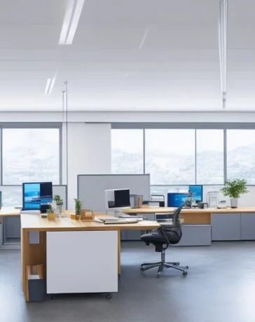 Ein warmes, natürlich ausgeleuchtetes Büro mit mehreren entspannten IT-Profis in moderner Kleidung, die konzentriert an Laptops mit übersichtlichen Code- und Container-Dashboards arbeiten, während durch große Fenster sanftes Sonnenlicht fällt und eine freundliche, zukunftsorientierte Atmosphäre voller Fortschritt und Zusammenarbeit schafft.