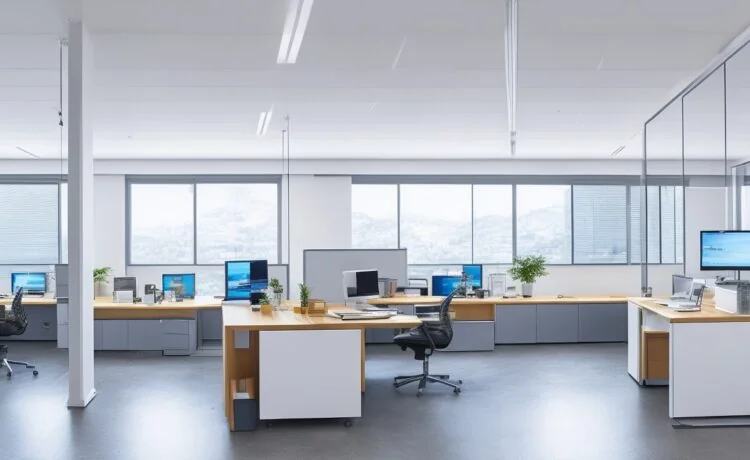 Ein warmes, natürlich ausgeleuchtetes Büro mit mehreren entspannten IT-Profis in moderner Kleidung, die konzentriert an Laptops mit übersichtlichen Code- und Container-Dashboards arbeiten, während durch große Fenster sanftes Sonnenlicht fällt und eine freundliche, zukunftsorientierte Atmosphäre voller Fortschritt und Zusammenarbeit schafft.