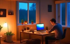 In einem hell erleuchteten, modernen Arbeitszimmer sitzt eine junge Entwicklerin entspannt vor ihrem Laptop, während sanftes Tageslicht durch große Fenster fällt und warme Holztöne den Raum einladend und lebendig wirken lassen – das Bild strahlt kreative Energie und technische Innovation in einer freundlichen, cineastischen Atmosphäre aus.
