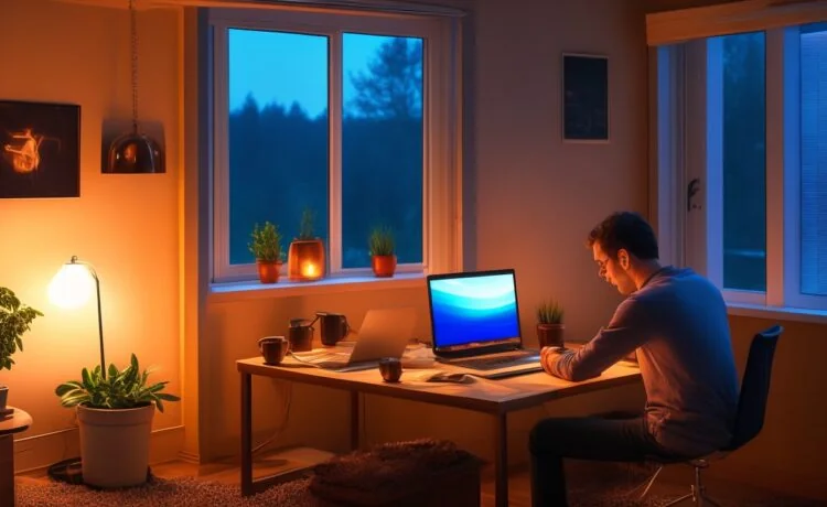 In einem hell erleuchteten, modernen Arbeitszimmer sitzt eine junge Entwicklerin entspannt vor ihrem Laptop, während sanftes Tageslicht durch große Fenster fällt und warme Holztöne den Raum einladend und lebendig wirken lassen – das Bild strahlt kreative Energie und technische Innovation in einer freundlichen, cineastischen Atmosphäre aus.