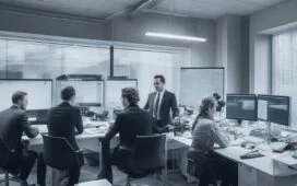 Ein hell erleuchtetes Büro mit einem konzentrierten Team von Fachleuten, die an modernen Bildschirmen komplexe Diagramme und Sicherheitsprotokolle analysieren, während warme Sonnenstrahlen durch große Fenster die Szene mit einem einladenden und vertrauensvollen Ambiente erfüllen.