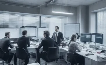 Ein hell erleuchtetes Büro mit einem konzentrierten Team von Fachleuten, die an modernen Bildschirmen komplexe Diagramme und Sicherheitsprotokolle analysieren, während warme Sonnenstrahlen durch große Fenster die Szene mit einem einladenden und vertrauensvollen Ambiente erfüllen.