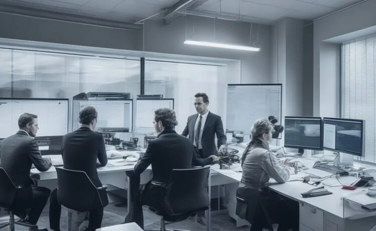 Ein hell erleuchtetes Büro mit einem konzentrierten Team von Fachleuten, die an modernen Bildschirmen komplexe Diagramme und Sicherheitsprotokolle analysieren, während warme Sonnenstrahlen durch große Fenster die Szene mit einem einladenden und vertrauensvollen Ambiente erfüllen.