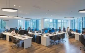 Ein lichtdurchflutetes, modernes Büro mit einem entspannten Team erfahrener Entwickler und Juristen, die konzentriert an Bildschirmen mit KI-Daten und Gesetzesdokumenten arbeiten, dabei warme Holztöne und natürliche Sonnenstrahlen eine freundliche, vertrauensvolle Atmosphäre schaffen.