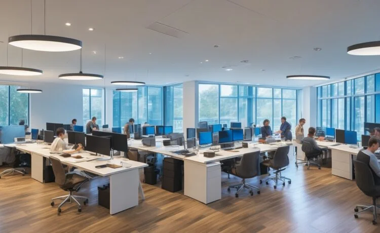 Ein lichtdurchflutetes, modernes Büro mit einem entspannten Team erfahrener Entwickler und Juristen, die konzentriert an Bildschirmen mit KI-Daten und Gesetzesdokumenten arbeiten, dabei warme Holztöne und natürliche Sonnenstrahlen eine freundliche, vertrauensvolle Atmosphäre schaffen.