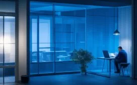 Ein hell erleuchteter, moderner Arbeitsplatz mit einem freundlichen Menschen, der konzentriert auf den Bildschirm seines Smartphones blickt, während sanftes Tageslicht durch ein Fenster einfällt und eine warme, einladende Atmosphäre voller Verantwortungsbewusstsein und digitaler Sicherheit vermittelt.