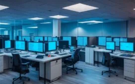 In einem hell erleuchteten, modernen Büro mit warmem Tageslicht arbeiten kreative UX-Designer entspannt und fokussiert zusammen an einem großen Bildschirm, der komplexe Layouts und lebendige Farbschemata zeigt, während natürliche Pflanzen und ästhetische Holzdetails eine einladende und inspirierende Atmosphäre schaffen.