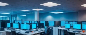 In einem hell erleuchteten, modernen Büro mit warmem Tageslicht arbeiten kreative UX-Designer entspannt und fokussiert zusammen an einem großen Bildschirm, der komplexe Layouts und lebendige Farbschemata zeigt, während natürliche Pflanzen und ästhetische Holzdetails eine einladende und inspirierende Atmosphäre schaffen.