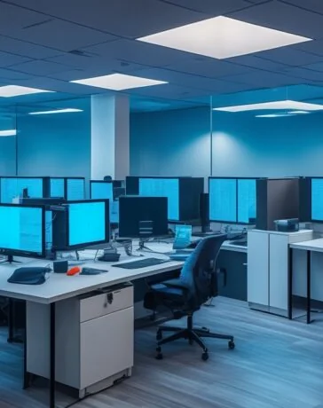 In einem hell erleuchteten, modernen Büro mit warmem Tageslicht arbeiten kreative UX-Designer entspannt und fokussiert zusammen an einem großen Bildschirm, der komplexe Layouts und lebendige Farbschemata zeigt, während natürliche Pflanzen und ästhetische Holzdetails eine einladende und inspirierende Atmosphäre schaffen.