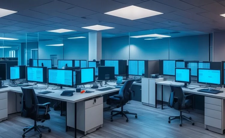 In einem hell erleuchteten, modernen Büro mit warmem Tageslicht arbeiten kreative UX-Designer entspannt und fokussiert zusammen an einem großen Bildschirm, der komplexe Layouts und lebendige Farbschemata zeigt, während natürliche Pflanzen und ästhetische Holzdetails eine einladende und inspirierende Atmosphäre schaffen.