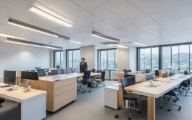 Ein lichtdurchflutetes, modernes Büro, in dem eine diverse Führungskraft mit einem konzentrierten, freundlichen Lächeln vor mehreren Bildschirmen sitzt, während im Hintergrund teamorientierte Gespräche und digitale Datenvisualisierungen in warmem Tageslicht eine harmonische Atmosphäre von innovativer Zusammenarbeit zwischen Mensch und KI vermitteln.