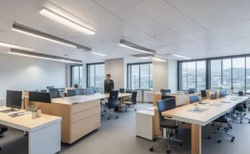 Ein lichtdurchflutetes, modernes Büro, in dem eine diverse Führungskraft mit einem konzentrierten, freundlichen Lächeln vor mehreren Bildschirmen sitzt, während im Hintergrund teamorientierte Gespräche und digitale Datenvisualisierungen in warmem Tageslicht eine harmonische Atmosphäre von innovativer Zusammenarbeit zwischen Mensch und KI vermitteln.