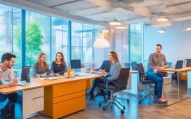 Ein lichtdurchflutetes, modernes Büro mit einem diverse Team aus Tech-Expert:innen, die entspannt und konzentriert an innovativen KI-Projekten arbeiten, umgeben von warmen Holztönen und natürlichem Tageslicht, das eine Atmosphäre von Fortschritt, Zusammenarbeit und optimistischer Dynamik vermittelt.