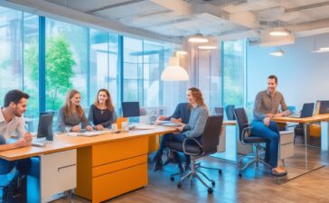 Ein lichtdurchflutetes, modernes Büro mit einem diverse Team aus Tech-Expert:innen, die entspannt und konzentriert an innovativen KI-Projekten arbeiten, umgeben von warmen Holztönen und natürlichem Tageslicht, das eine Atmosphäre von Fortschritt, Zusammenarbeit und optimistischer Dynamik vermittelt.