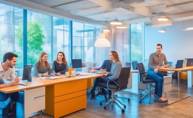 Ein lichtdurchflutetes, modernes Büro mit einem diverse Team aus Tech-Expert:innen, die entspannt und konzentriert an innovativen KI-Projekten arbeiten, umgeben von warmen Holztönen und natürlichem Tageslicht, das eine Atmosphäre von Fortschritt, Zusammenarbeit und optimistischer Dynamik vermittelt.