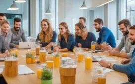 Ein strahlend helles, modernes Büro bei Tageslicht, in dem ein multikulturelles Team aus engagierten Designern und Entwicklern bei einer lebhaften Brainstorming-Session gemeinsam mit Skizzen und Tablets um einen Tisch sitzt, voller Wärme, Fokus und kollaborativer Energie, die den Geist klarer Designprinzipien und smarter Entscheidungsfindung eindrucksvoll widerspiegelt.