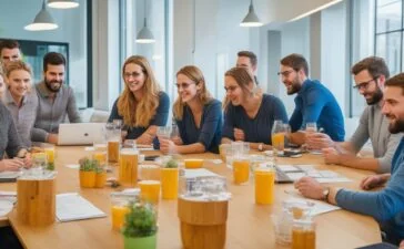 Ein strahlend helles, modernes Büro bei Tageslicht, in dem ein multikulturelles Team aus engagierten Designern und Entwicklern bei einer lebhaften Brainstorming-Session gemeinsam mit Skizzen und Tablets um einen Tisch sitzt, voller Wärme, Fokus und kollaborativer Energie, die den Geist klarer Designprinzipien und smarter Entscheidungsfindung eindrucksvoll widerspiegelt.