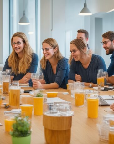 Ein strahlend helles, modernes Büro bei Tageslicht, in dem ein multikulturelles Team aus engagierten Designern und Entwicklern bei einer lebhaften Brainstorming-Session gemeinsam mit Skizzen und Tablets um einen Tisch sitzt, voller Wärme, Fokus und kollaborativer Energie, die den Geist klarer Designprinzipien und smarter Entscheidungsfindung eindrucksvoll widerspiegelt.