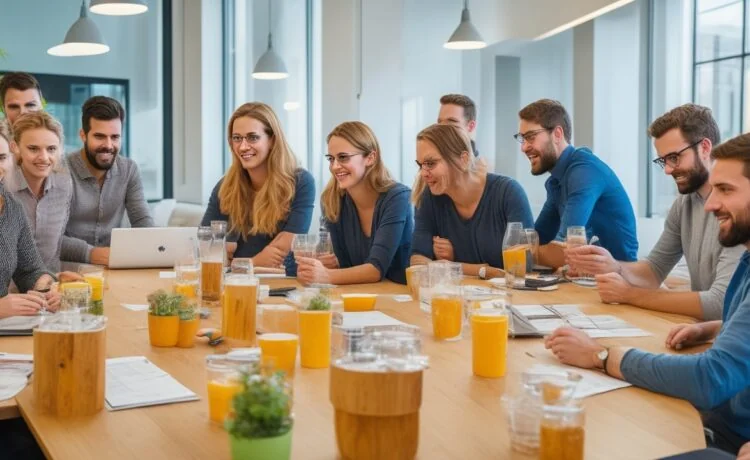 Ein strahlend helles, modernes Büro bei Tageslicht, in dem ein multikulturelles Team aus engagierten Designern und Entwicklern bei einer lebhaften Brainstorming-Session gemeinsam mit Skizzen und Tablets um einen Tisch sitzt, voller Wärme, Fokus und kollaborativer Energie, die den Geist klarer Designprinzipien und smarter Entscheidungsfindung eindrucksvoll widerspiegelt.