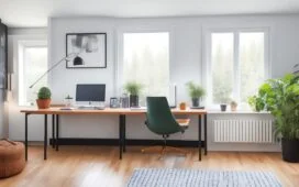 Ein helldurchflutetes, modernes Home-Office mit einem lächelnden Webentwickler vor einem großen Bildschirm, der konzentriert an der Optimierung einer WordPress-Seite arbeitet, umgeben von frischer Zimmerpflanze und warmem Tageslicht, das eine freundliche und produktive Atmosphäre schafft.