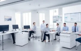 Ein modernes IT-Team arbeitet in einem hellen, freundlichen Büro mit natürlichem Tageslicht an vernetzten Bildschirmen, auf denen komplexe Server- und Cloud-Diagramme sichtbar sind, während eine warme Atmosphäre von konzentrierter Zusammenarbeit und technologischer Innovation entsteht.