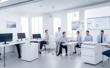 Ein modernes IT-Team arbeitet in einem hellen, freundlichen Büro mit natürlichem Tageslicht an vernetzten Bildschirmen, auf denen komplexe Server- und Cloud-Diagramme sichtbar sind, während eine warme Atmosphäre von konzentrierter Zusammenarbeit und technologischer Innovation entsteht.