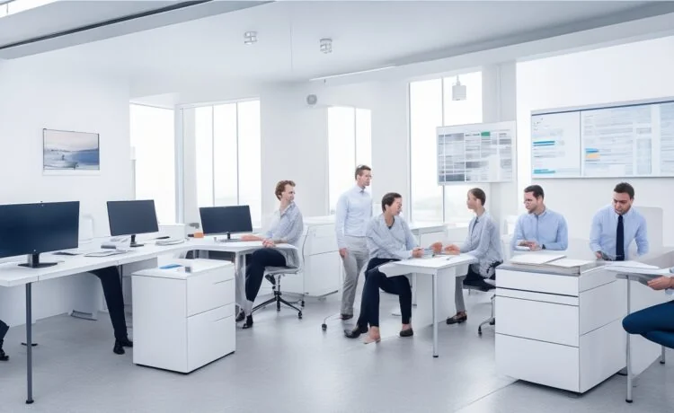 Ein modernes IT-Team arbeitet in einem hellen, freundlichen Büro mit natürlichem Tageslicht an vernetzten Bildschirmen, auf denen komplexe Server- und Cloud-Diagramme sichtbar sind, während eine warme Atmosphäre von konzentrierter Zusammenarbeit und technologischer Innovation entsteht.