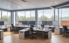 Ein warm erleuchtetes modernes Büro mit einem konzentrierten IT-Team vor mehreren Bildschirmen, die lebendige Dashboards und Code-Pipelines zeigen, während natürliches Sonnenlicht durch große Fenster fällt und eine freundliche, produktive Atmosphäre schafft.