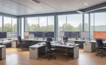 Ein warm erleuchtetes modernes Büro mit einem konzentrierten IT-Team vor mehreren Bildschirmen, die lebendige Dashboards und Code-Pipelines zeigen, während natürliches Sonnenlicht durch große Fenster fällt und eine freundliche, produktive Atmosphäre schafft.