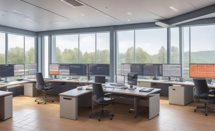 Ein warm erleuchtetes modernes Büro mit einem konzentrierten IT-Team vor mehreren Bildschirmen, die lebendige Dashboards und Code-Pipelines zeigen, während natürliches Sonnenlicht durch große Fenster fällt und eine freundliche, produktive Atmosphäre schafft.