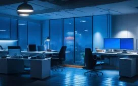 Ein freundliches, hell erleuchtetes Büro mit einem entspannten Versicherungsexperten, der konzentriert am Laptop arbeitet, umgeben von modernen digitalen Geräten und warmem Tageslicht, das eine Atmosphäre von Vertrauen und Sicherheit in einer zunehmend vernetzten Welt schafft.
