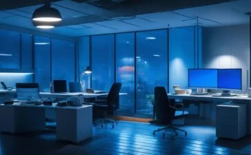 Ein freundliches, hell erleuchtetes Büro mit einem entspannten Versicherungsexperten, der konzentriert am Laptop arbeitet, umgeben von modernen digitalen Geräten und warmem Tageslicht, das eine Atmosphäre von Vertrauen und Sicherheit in einer zunehmend vernetzten Welt schafft.