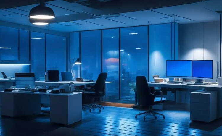 Ein freundliches, hell erleuchtetes Büro mit einem entspannten Versicherungsexperten, der konzentriert am Laptop arbeitet, umgeben von modernen digitalen Geräten und warmem Tageslicht, das eine Atmosphäre von Vertrauen und Sicherheit in einer zunehmend vernetzten Welt schafft.