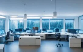 Ein modernes, lichtdurchflutetes Büro mit einem konzentrierten IT-Experten, der vor mehreren Bildschirmen mit komplexen Netzwerkdaten und KI-Analysen sitzt, umgeben von warmen Holztönen und sanftem Tageslicht, das eine Atmosphäre von Vertrauen, Innovation und digitaler Zukunft schafft.