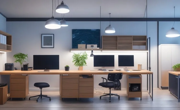 Ein warm beleuchtetes, modernes Büro mit einem aufgeschlagenen Laptop, auf dessen Bildschirm schematisch farbige Container-Icons und virtuelle Netzwerkgrafiken sichtbar sind, während im Hintergrund natürliches Tageslicht durch große Fenster strömt und junge IT-Professionals vertraut und konzentriert in angeregter Teamarbeit virtuelle Infrastruktur- und Cloud-Technologien diskutieren.