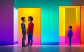 Ein warm ausgeleuchtetes, modernes Studio mit einer jungen, sympathischen Person, die lächelnd vor einem halbtransparenten digitalen Avatar in lebendigen Farben steht, umgeben von dezenten technischen Elementen, die harmonisch die Verbindung von Mensch und moderner KI-Marketingwelt symbolisieren.