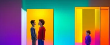 Ein warm ausgeleuchtetes, modernes Studio mit einer jungen, sympathischen Person, die lächelnd vor einem halbtransparenten digitalen Avatar in lebendigen Farben steht, umgeben von dezenten technischen Elementen, die harmonisch die Verbindung von Mensch und moderner KI-Marketingwelt symbolisieren.